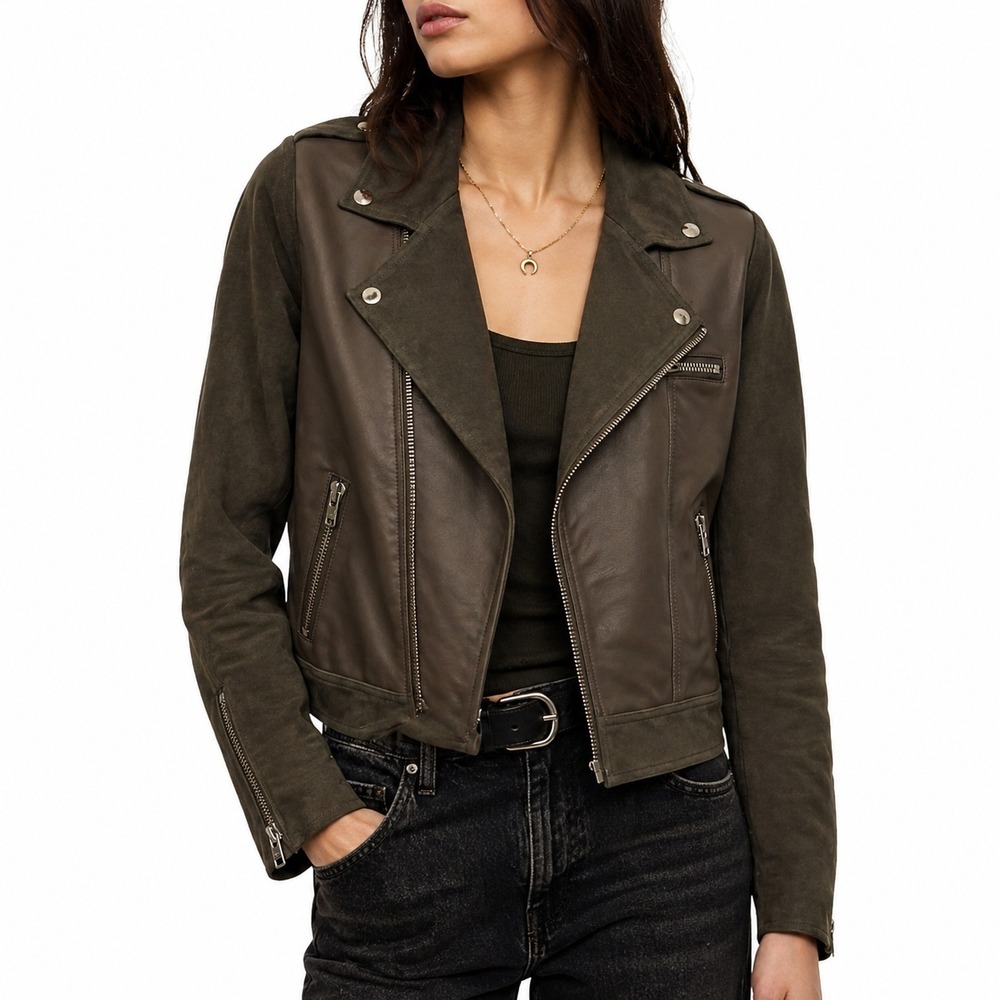 Fauxgerty Moto‎ Jacket Women's Dark Olive Green Asymmetrical Zip Notch Lapels